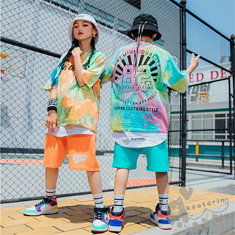 キッズダンス衣装 ヒップホップ 男の子女の子 HIPHOP 子供服 セットアップ HIPHOP 半袖Tシャツ ショートパンツ タイダイ柄 夏 ジャズダンス チアガール 応援団 練習着 体操服 発表会 hiphop 演出服 おしゃれ 120-170cm