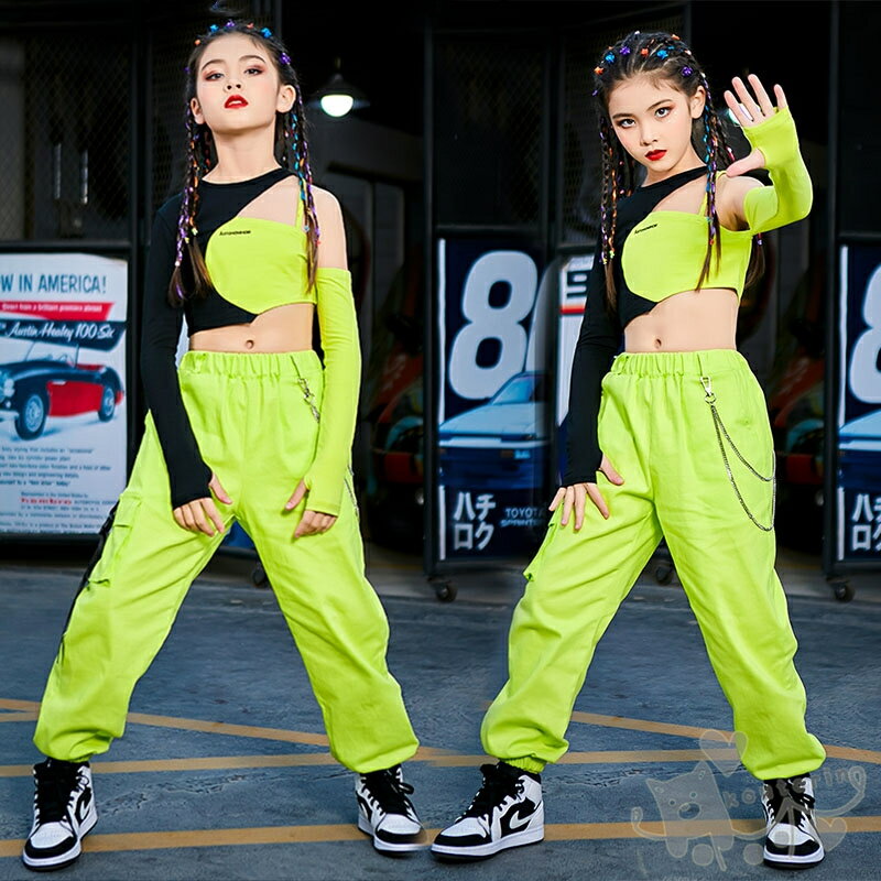 キッズダンス衣装 ヒップホップ 女の子 HIPHOP 子供服 セットアップ HIPHOP へそ出し 黒緑 タンクトップ 蛍光色パンツ 女の子 ジャズダンス チアガール 応援団 練習着 体操服 発表会 hiphop 演出服 おしゃれ 120-170cm