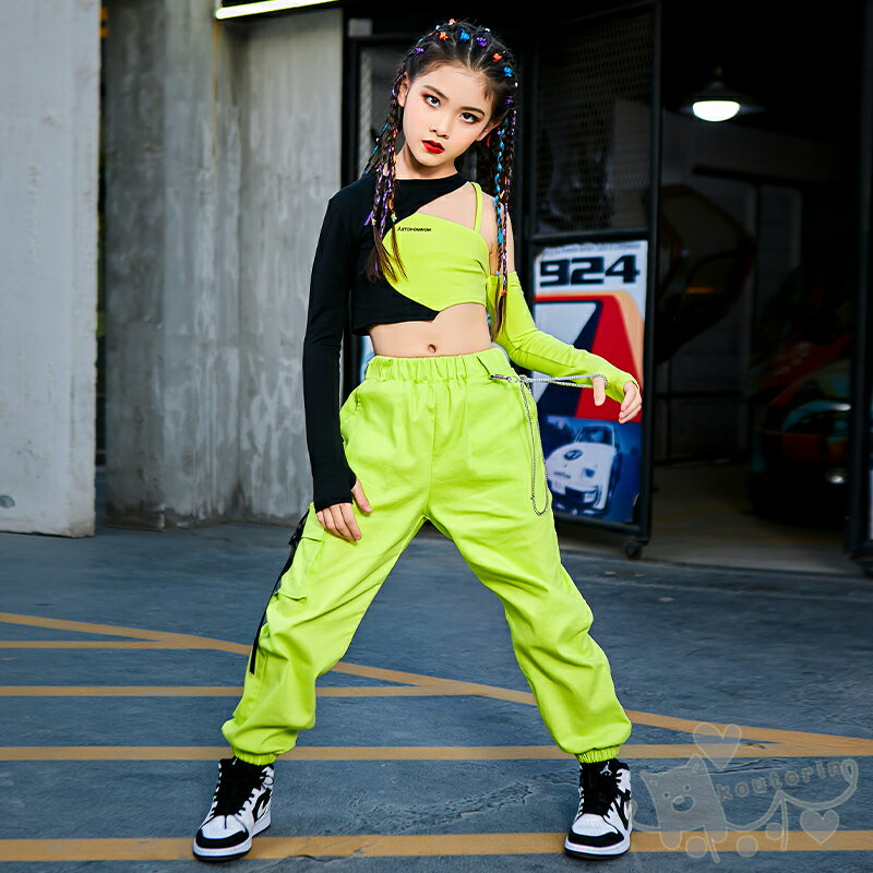 キッズダンス衣装 ヒップホップ 女の子 HIPHOP 子供服 セットアップ HIPHOP へそ出し 黒緑 タンクトップ 蛍光色パンツ 女の子 ジャズダンス チアガール 応援団 練習着 体操服 発表会 hiphop 演出服 おしゃれ 120-170cm