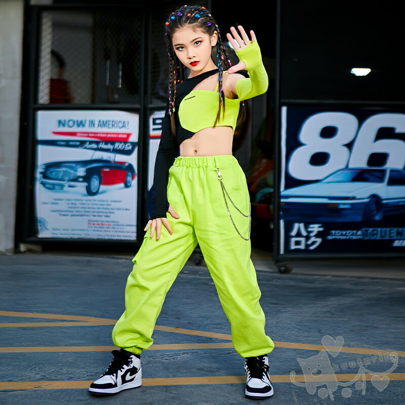 キッズダンス衣装 ヒップホップ 女の子 HIPHOP 子供服 セットアップ HIPHOP へそ出し 黒緑 タンクトップ 蛍光色パンツ 女の子 ジャズダンス チアガール 応援団 練習着 体操服 発表会 hiphop 演出服 おしゃれ 120-170cm