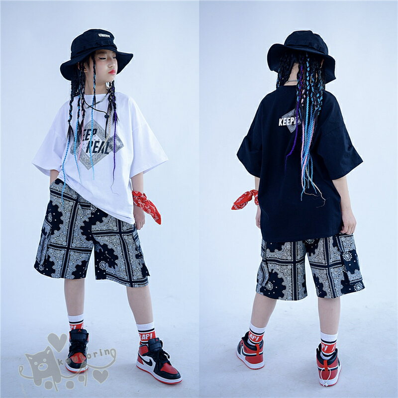 キッズダンス衣装 セットアップ 白 黒Tシャツ ペイズリー柄 ショートパンツ 女の子 男の子 HIPHOP ヒップホップ 舞台服 ステージ衣装 練習着 演出服 応援団 120-170cm 送料無料