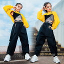 キッズ ダンス衣装 セットアップ へそ出し服 ヒップホップ チェック 黒白タンクトップ イエロートップス黒パンツ 女の子 ガールズ HIPHOP ヒップホップ ...