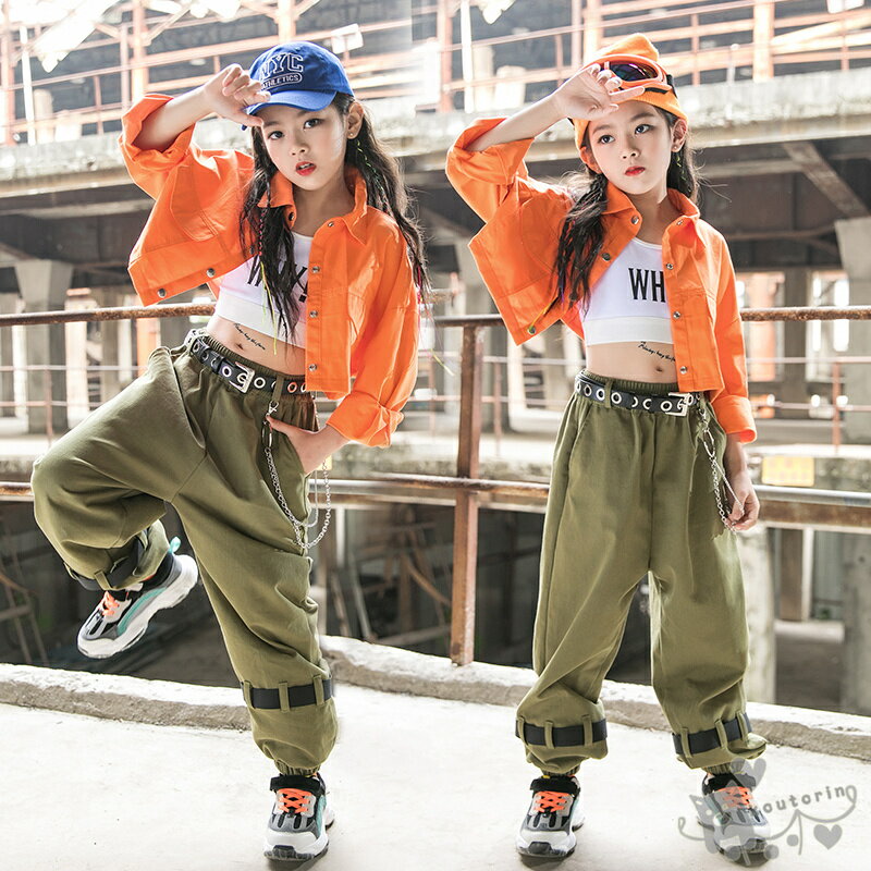 キッズダンス衣装 ヒップホップ 女の子 HIPHOP 子供服 白ベスト オレンジ ジャケット グリーン パンツ チアガール ジャズダンス チアガール 応援団 へそ出し 練習着 体操服 発表会 hiphop 演出服 おしゃれ 120-170cm送料無料