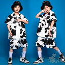 キッズダンス衣装 ヒップホップ HIPHOP 子供服 半袖シャツ ダルメシアン柄 白黒 ショートパンツ 男の子 女の子 へそ出し チアガール ジャズダンス チアガール 応援団 練習着 体操服 発表会 hiphop 演出服 おしゃれ 110-180cm 送料無料