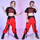 キッズダンス衣装 ヒップホップ HIPHOP 子供服 チェック柄ベスト 半袖Tシャツ レッド パンツ へそ出し ガールズ JAZZ 女の子 チアガール ジャズダ...