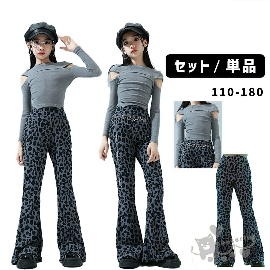 ダンス衣装 ヒップホップ k-pop衣装 長袖　長袖トップス グレー 長袖 ヒョウ柄 フレアパンツ ロングパ..