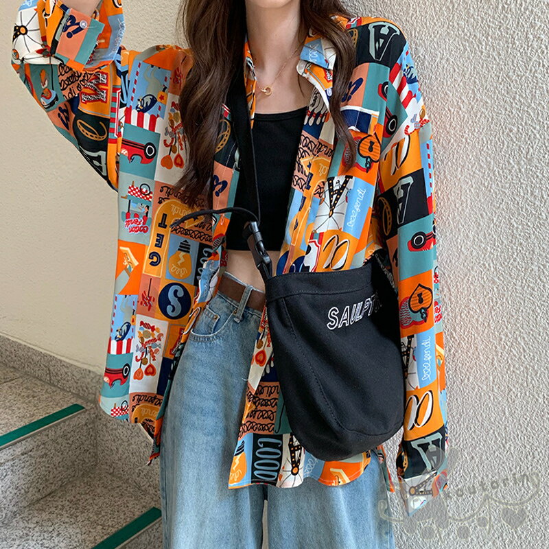 シャツ アロハシャツ レディース カラフル 遊園地 総柄 イラスト ビッグシルエット 長袖 トップス ダンス 衣装 ヒップホップ コスチューム 大きいサイズ 個性的 原宿系 送料無料 即納