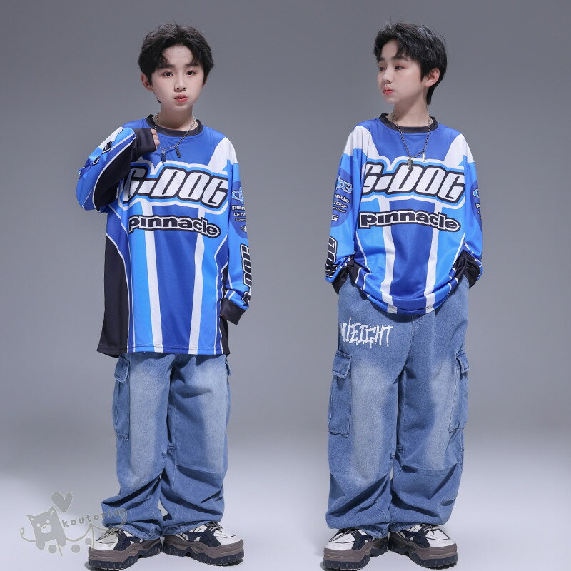 キッズ k-popダンス衣装 セットアップ 男の子 チア チアガール 韓国 hiphop ストライプ切り替え 長袖ト..