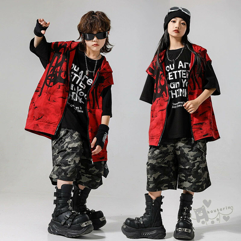 迷彩柄 ベスト キッズ ダンス衣装 カーキグリーン赤 黒 半袖Tシャツ ズボン カジュアル クール系 ヒップホップ 舞台演出服 子供 ダンスウェア パンツセット 女の子 男の子 お揃い ステージ衣装 HIPHOP 舞台服 個性派 K-POP 演出服 練習着 オシャレ 110-180cm送料無料 2