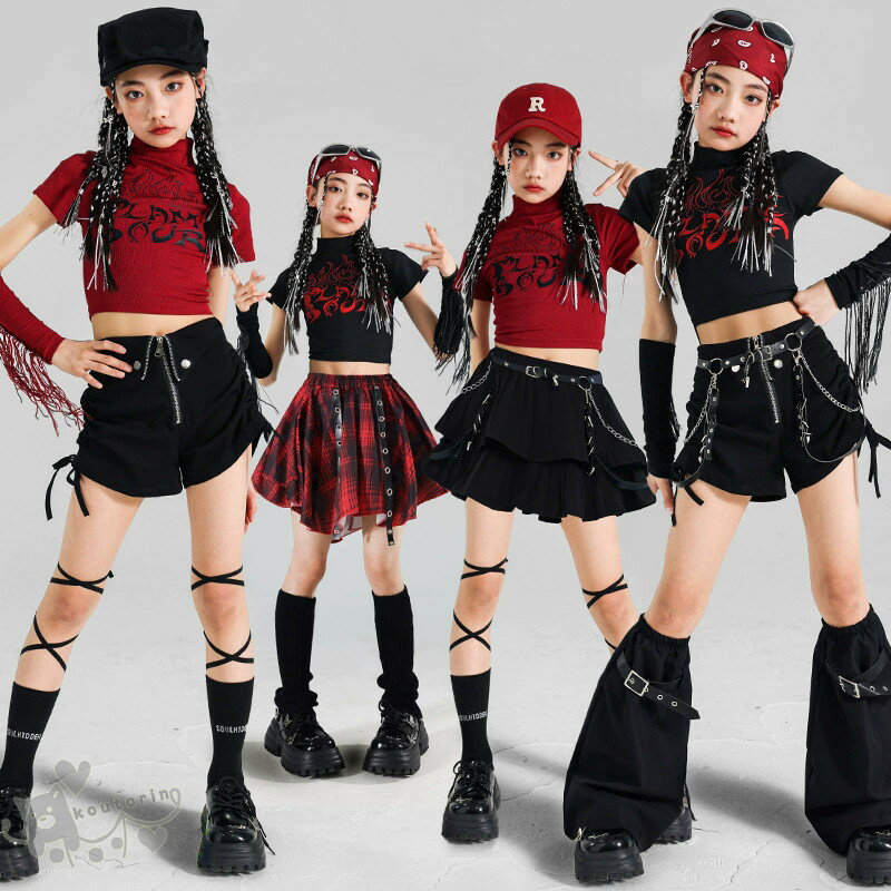 K-POP衣装 キッズダンス衣装 へそ出し 赤チェックスカート 黒ヒップホップスタイル 舞台演出服 トップス サッカー風 子供 ダンスウェア パンツ女の子 お揃い ステージ衣装 かっこいい HIPHOP 舞台服 個性派 演出服 練習着 団体服 ステージ衣装 オシャレ 110-180cm 送料無料 2