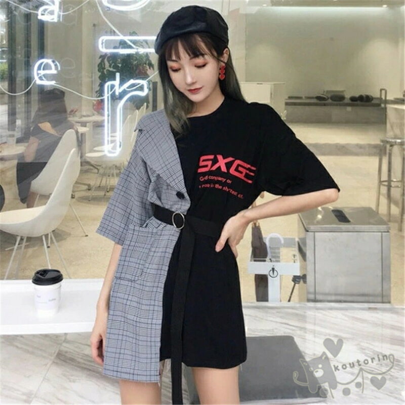 Rakuten - シャツ アシンメトリー カットソー ミックス グレンチェック柄 ジャケット tシャツ ロゴ ビッグシルエット ストリート トップス ダンス 衣装 ヒップホップ コスチューム 韓国 ファッション 大きいサイズ 個性的 服 原宿系