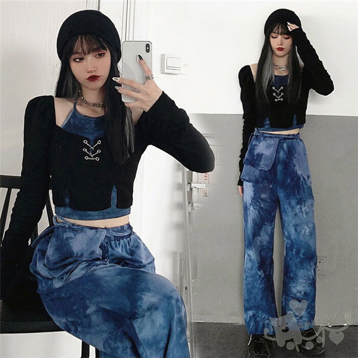 Rakuten - ダンス衣装 重ね着 トップス レディース ダイダイ柄 ロングパンツ セットアップ ストレート HIPHOP ヒップホップ 個性的 服 原宿系 ジュニア カレッジ風 オシャレ かっこいい 送料無料