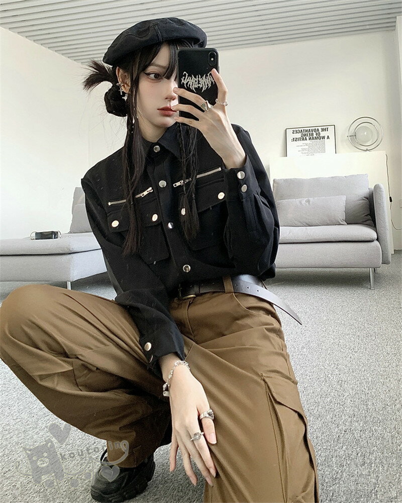 トップス カーキカーゴパンツ 黒 無地 ダンス衣装 カットソー レディース スーツ ヒップホップ ステージ衣装 K-POP イベント かっこいい 個性的 服 原宿系 演出服 送料無料