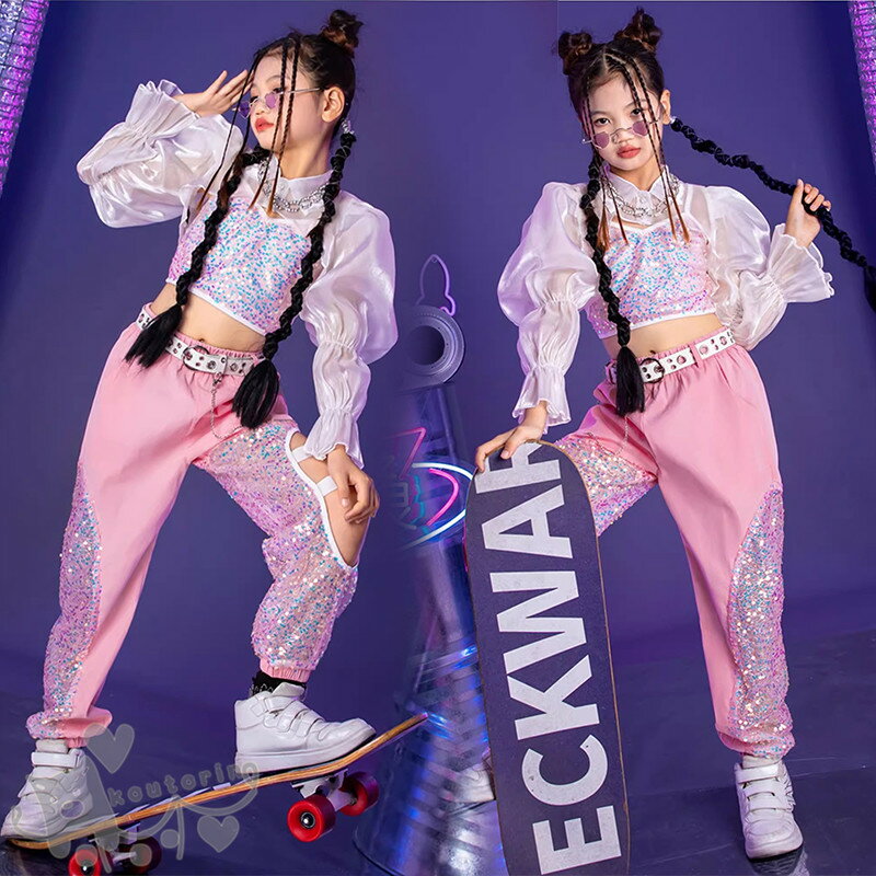 ダンス衣装 ヒップホップ トップス キラキラピンク切り替え長袖トップス カーゴパンツ へそ出し キッズ..