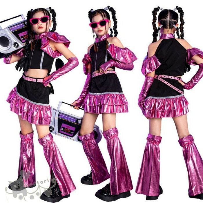楽天koutorinキッズ ダンス 女の子 キラキラ ピンク 長袖 トップス スカート 袖カバー レッグウォーマー かっこいい へそ出し セットアップ 原宿系 k-pop ヒップホップ 可愛い ステージ衣装 チーム 発表会 JAZZ ジュニア 演出服 hiphop 応援団 120~160