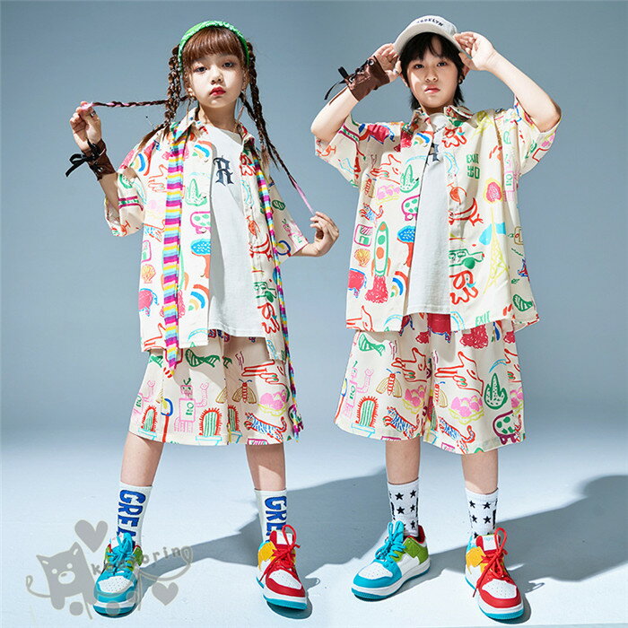ダンス衣装 ヒップホップ 白ベスト シャツカーゴパンツ へそ出し キッズ ガールズ 男の子 セットアップ 派手 K-POP 韓国 ステージ衣装 応援団 練習着 体操服 発表会 hiphop 演出服 おしゃれ 110-180cm 送料無料