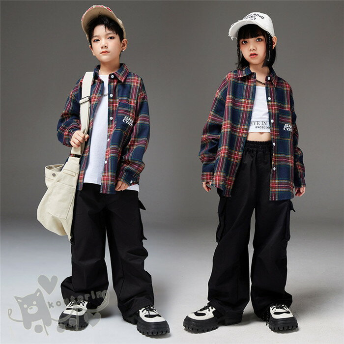 ダンス衣装 ヒップホップ 白インナー Tシャツチェックシャツカーゴパンツ へそ出し キッズ ガールズ 男..