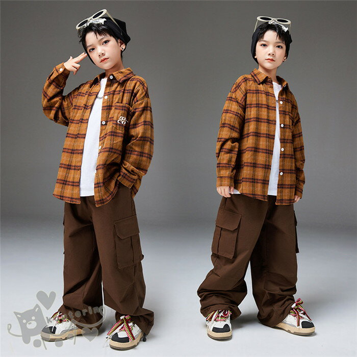 ダンス衣装 ヒップホップ 黒インナー Tシャツチェックシャツカーゴパンツ へそ出し キッズ ガールズ 男..