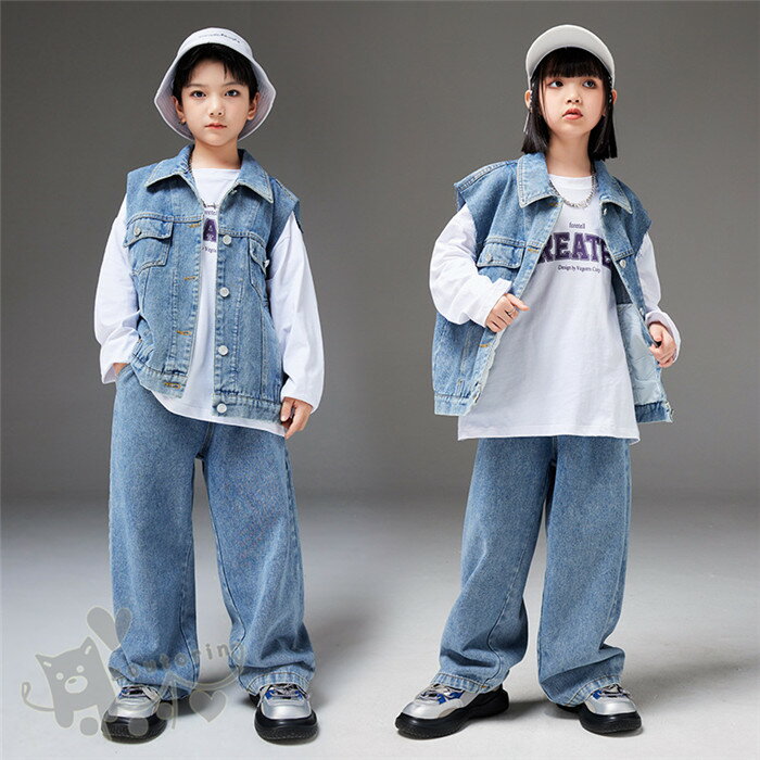 ダンス衣装 ヒップホップ 白Tシャツ　デニムベスト カーゴパンツ へそ出し キッズ ガールズ 男の子 セ..