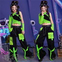 ダンス衣装 ヒップホップ 女の子 黒緑ベスト トップス 切り替えカーゴ パンツ へそ出し キッズ ガールズ 女の子 セットアップ 派手 K-POP 韓国 ステー...