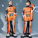 キッズ ダンス衣装 ヒップホップ ジャズダンス チア チアガールHIPHOP ステージ衣装 ステージ服 橙色 ロゴ 柄シャツ トップス パンツ 演出服 子供ダン...