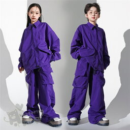 キッズ ダンス衣装 ヒップホップ ジャズダンス チア チアガールHIPHOP ステージ衣装 ステージ服 パーカー 紫 ジャケット トップス カーゴパンツ 演出服 子供ダンス 演奏会 練習着 団体服 発表会 応援団 人気 かっこいい 110-180cm 送料無料