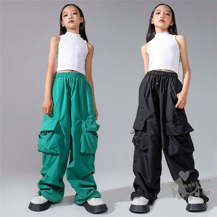 キッズダンス衣装 HIPHOP ヒップホップ 子供服 女の子 白ベスト ローズ 緑 紫 黒カ...