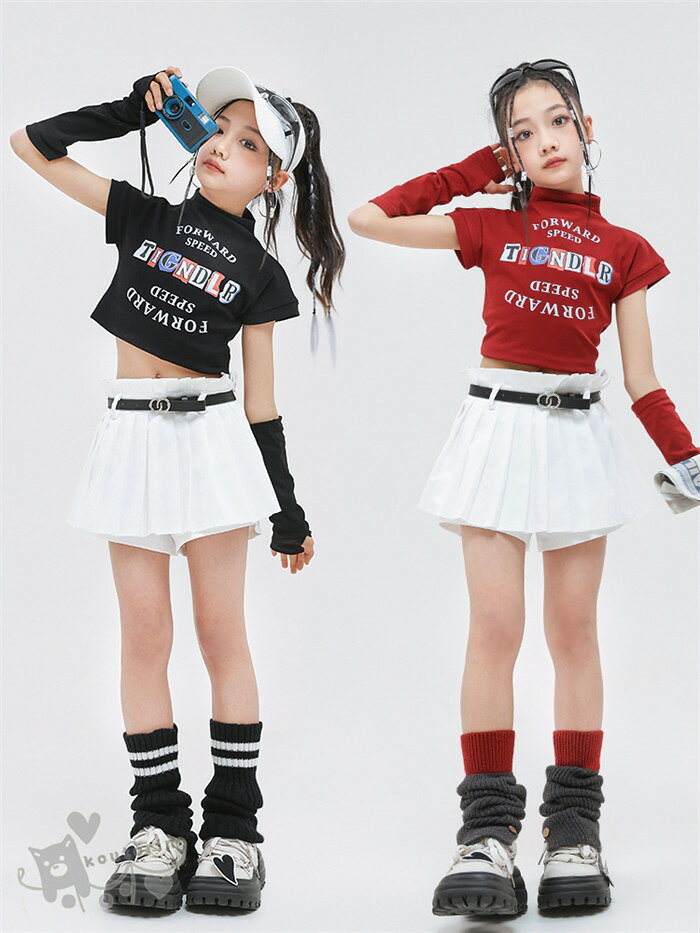 koutorinのダンス衣装 ヒップホップ 黒 赤 トップス 白スカート袖カバー キッズダンス衣装 ガールズ ヒップホップ 派手 K-POP 韓国 ステージ衣装 応援団 練習着 体操服 発表会 hiphop 演出服 おしゃれ 110-180cm 送料無料｜アングル2
