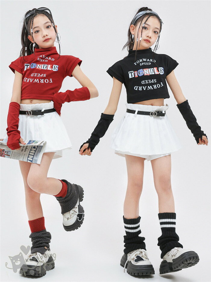 koutorinのダンス衣装 ヒップホップ 黒 赤 トップス 白スカート袖カバー キッズダンス衣装 ガールズ ヒップホップ 派手 K-POP 韓国 ステージ衣装 応援団 練習着 体操服 発表会 hiphop 演出服 おしゃれ 110-180cm 送料無料｜アングル3