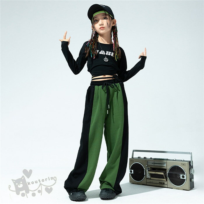 キッズダンス衣装 HIPHOP ヒップホップ 子供服 女の子 黒 緑トップス カーゴパンツ へそ出し ガールズ K-POP ステージ衣装 練習着 演出服 舞台衣装 原宿 発表会 110-180cm 送料無料 3