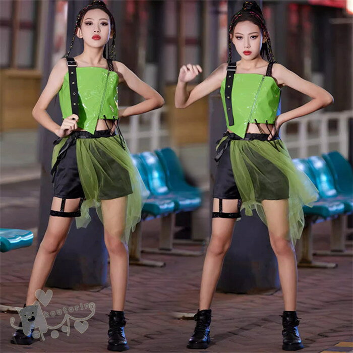キッズダンス衣装 k-pop 衣装 チアガール セットアップ hiphop ジャズ 緑トップス ショートパンツ オシ..