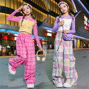 キッズ ダンス衣装 女の子 ヒップホップ チアガールズ ダンス 緑 紫 ピンク トップス グラデーション ロングパンツ へそ出し ジャズダンス ステージ衣装 練...