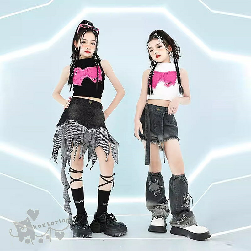 Rakuten - キッズ 女の子 k-pop衣装 ダンス衣装 ヒップホップ チアガールズ ダンス 黒白ベスト デニムショートパンツ スカートへそ出し ジャズダンス ステージ衣装 練習着 体操服 110-180cm 送料無料