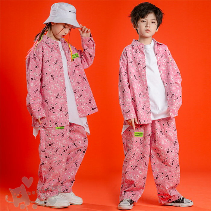 ダンス衣装 ヒップホップ 女の子 白Tシャツ ペイズリー柄 シャツ ロングパンツ へそ出し キッズ 男の子 女の子 セットアップ 派手 K-POP 韓国 ステージ衣装 応援団 練習着 体操服 発表会 hiphop 演出服 おしゃれ 110-180cm 送料無料