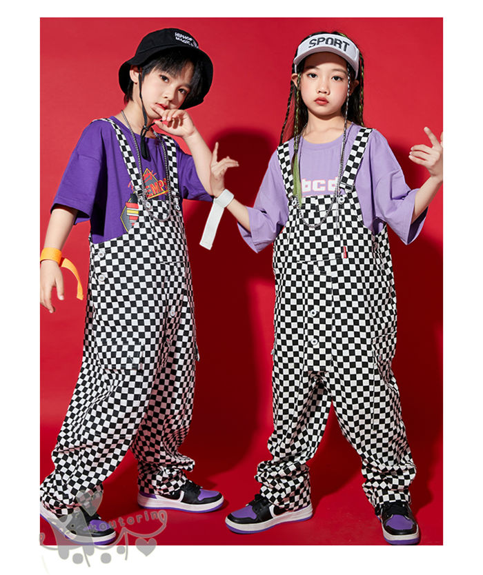 つなぎ キッズダンス衣装 ヒップホップ ダンス 衣装 ツナギ Tシャツ 作業服 男の子 女の子 ダンスウェア 黒白チェック柄 サロペット K-POP 演出服 韓国 パープルオレンジ 110-180cm