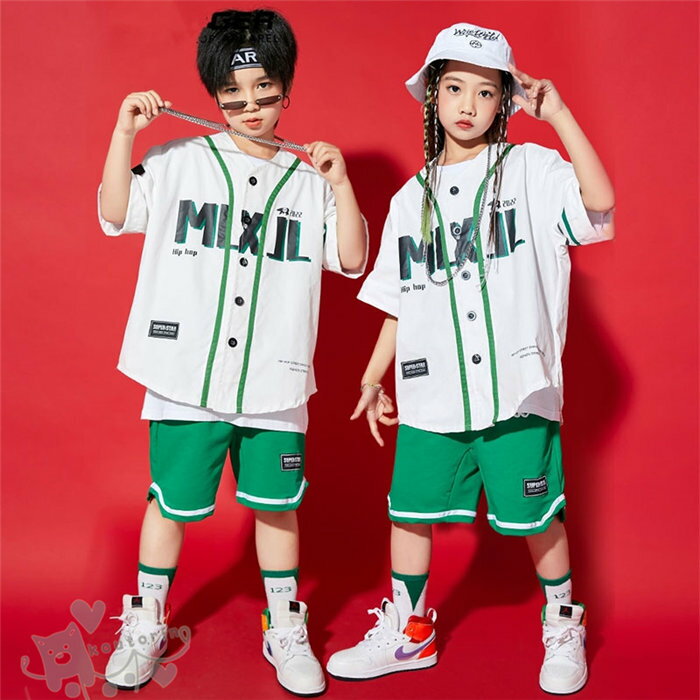ダンス衣装 ヒップホップ 女の子 白緑 ベースボールシャツ ショートパンツ へそ出し キッズ ガールズ セットアップ 派手 K-POP 韓国 ス..