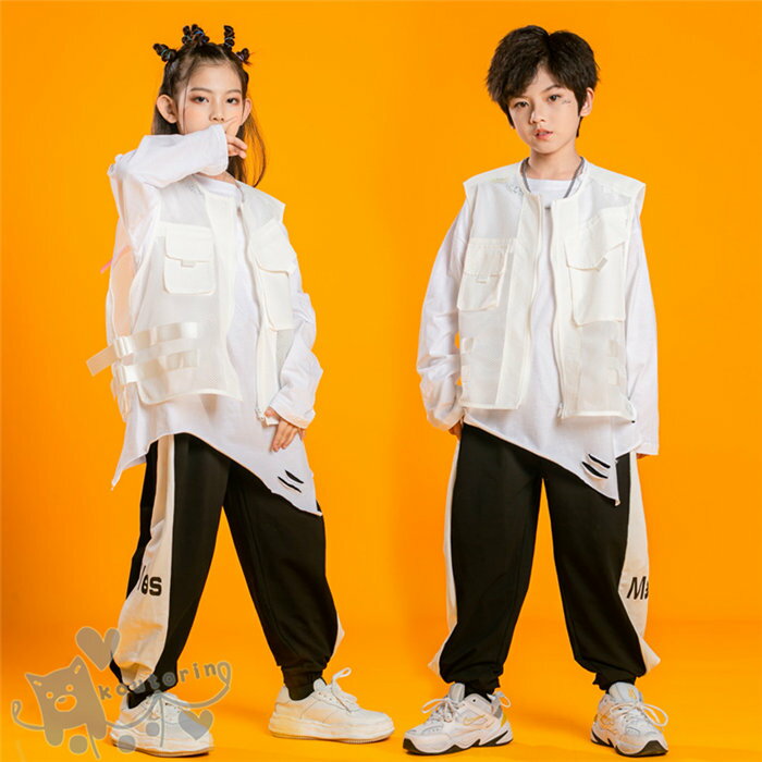 ダンス衣装 ヒップホップ 女の子 男の子 白 長袖Tシャツ ベスト 黒パンツ キッズ セットアップ 派手 K-POP 韓国 ステージ衣装 応援団 練習着 体操服 発表会 hiphop 演出服 おしゃれ 110-180cm 送料無料