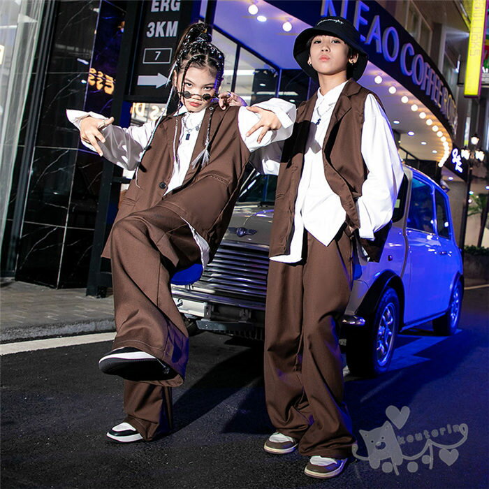ダンス衣装 ヒップホップ セットアップ スーツコーヒー ベスト ロングパンツ 白シャツ キッズダンス衣装 ガールズ 男の子 ヒップホップ 派手 K-POP 韓国 ステージ衣装 応援団 練習着 体操服 発表会 hiphop 演出服 おしゃれ 120-180cm 3