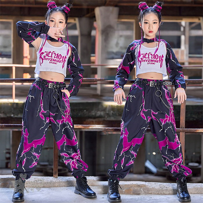 樂天商城 - ダンス衣装 ヒップホッ 白ベスト タイダイ柄 長袖トップス パンツ へそ出し キッズ ガールズ 女の子 セットアップ 派手 K-POP 韓国 ステージ衣装 応援団 練習着 体操服 発表会 hiphop 演出服 おしゃれ 120-170cm 送料無料