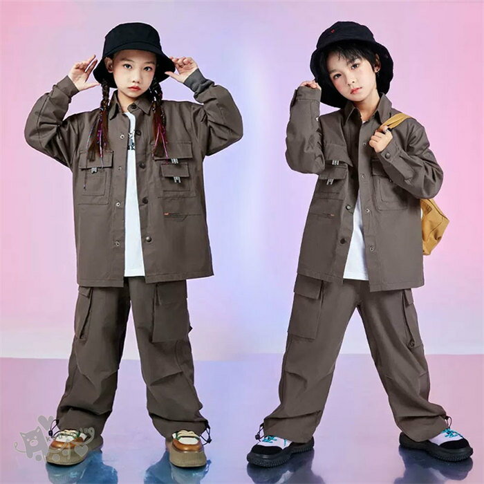 ダンス衣装 ヒップホップ 灰 無地 ジャケット ロングパンツ カーゴパンツ キッズ ガールズ 男の子 ヒッ..