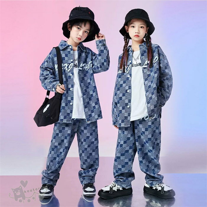 Rakuten - ダンス衣装 ヒップホップ チェック 文字柄 シャツ ロングパンツ キッズ ガールズ 男の子 ヒップホップ 派手 K-POP 韓国 ステージ衣装 応援団 練習着 体操服 発表会 hiphop 演出服 おしゃれ 110-180cm 送料無料