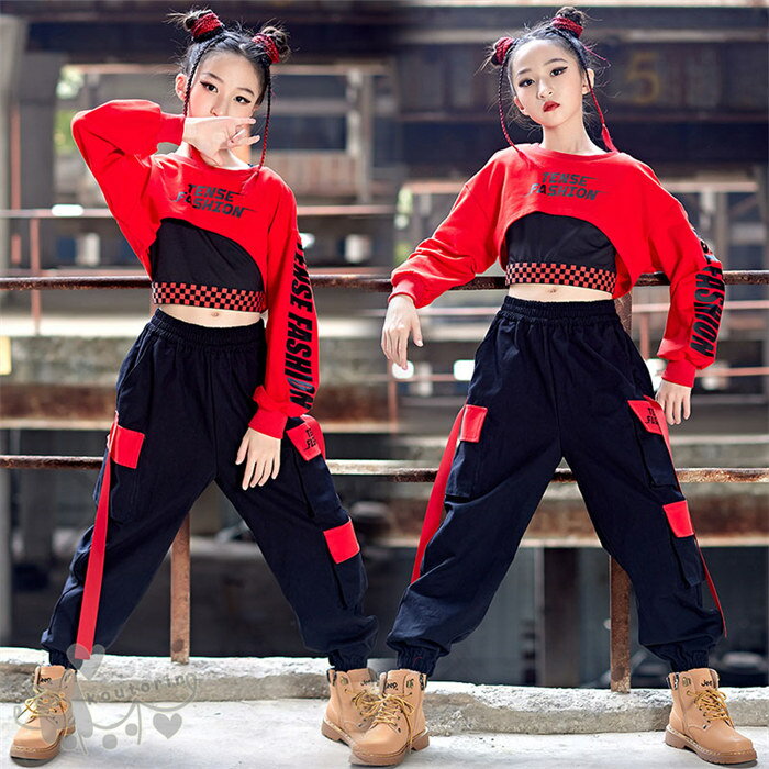 ダンス衣装 ヒップホップ 黒赤ベスト　長袖トップス カーゴパンツ へそ出し キッズ ガールズ 女の子 セ..