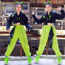 ダンス衣装 ヒップホッ 黒 ベスト 長袖 ジャケット 緑パンツ へそ出し キッズ ガールズ 女の子 セットアップ 派手 K-POP 韓国 ステージ衣装 応援団 練習着 体操服 発表会 hiphop 演出服 おしゃれ 120-170cm 送料無料