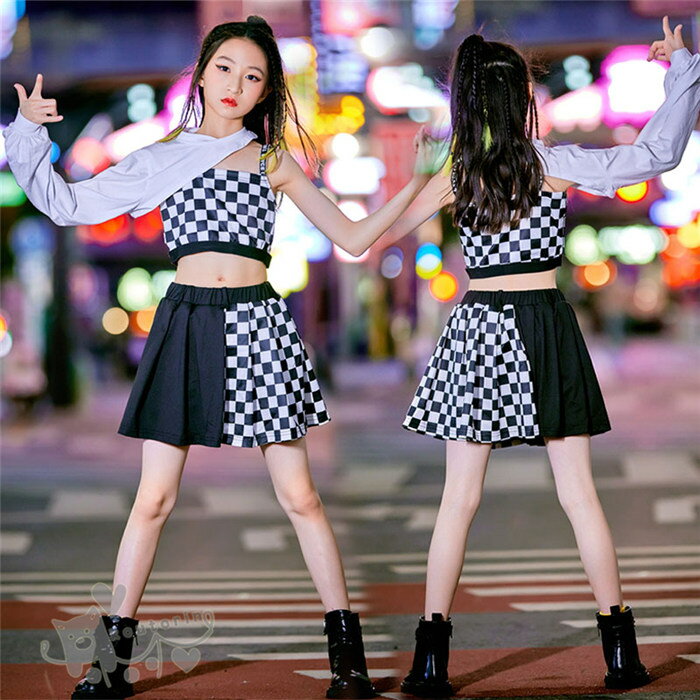 Rakuten - キッズ ダンス衣装 セットアップ ヒップホップ 黒 チェック柄タンクトップ 白スリーブ パンツ ワンショルダー へそ出し 女の子 ガールズ HIPHOP ヒップホップ 舞台服 ステージ衣装 練習着 演出服 応援団 120-170cm 送料無料