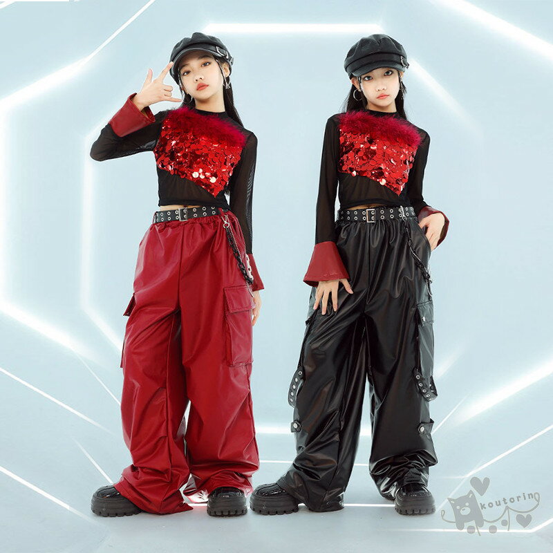ダンス衣装 ジャズ ヒップホップ メッシュ切り替えトップス へそ出し レザーパンツ コスチューム hipho..