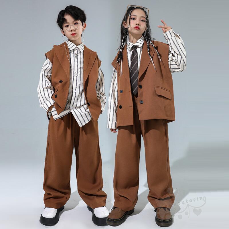 ダンス衣装 ヒップホップ スーツ ジャケット ロングパンツ シャツ キッズ ガールズ ブラウン 男の子 女..