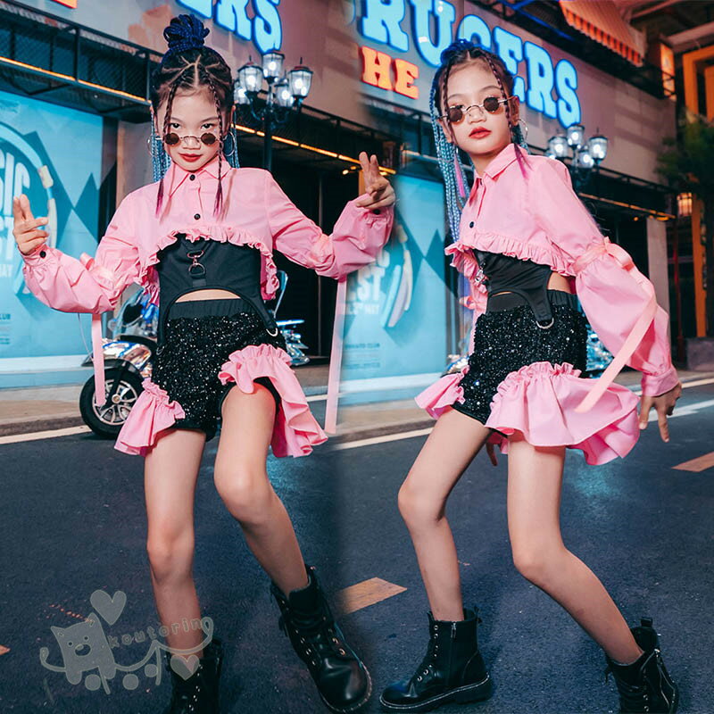 キッズ ダンス衣装 セットアップ 黒ベスト トップス ショートパンツ へそ出し 女の子 舞台服 演出服 K-POP ステージ衣装 練習着 体操服 応援団 120-160cm 送料無料