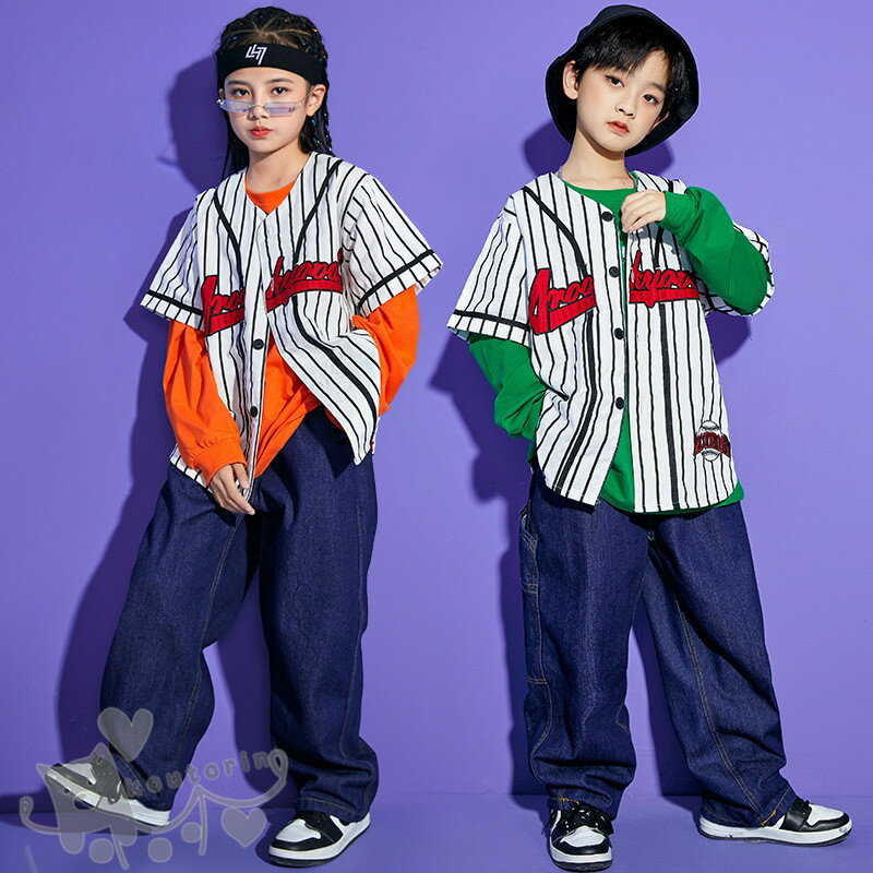 樂天商城 - キッズダンス衣装 HIPHOP ヒップホップ 子供服 女の子 男の子 半袖シャツ Tシャツ デニムロングパンツ ガールズ K-POP ステージ衣装 練習着 演出服 舞台衣装 原宿 発表会 110-180cm 送料無料