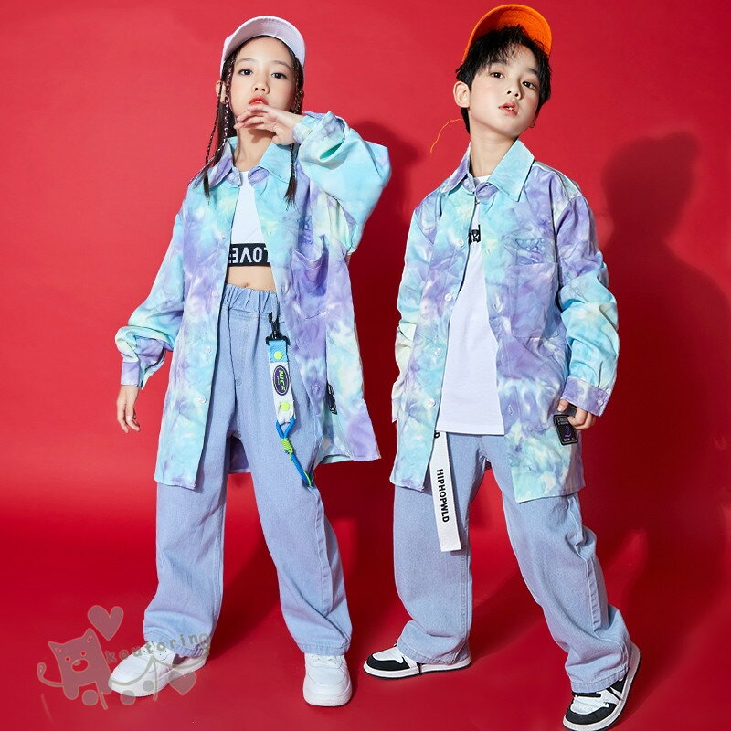 Rakuten - キッズダンス衣装 ヒップホップ 子供服 男の子 女の子 ダンスウェア タイダイ柄トップス シャツ デニムパンツ へそ出し ストリート カジュアル 演出 個性的 ステージ衣装 練習着 派手 110-180cm 送料無料