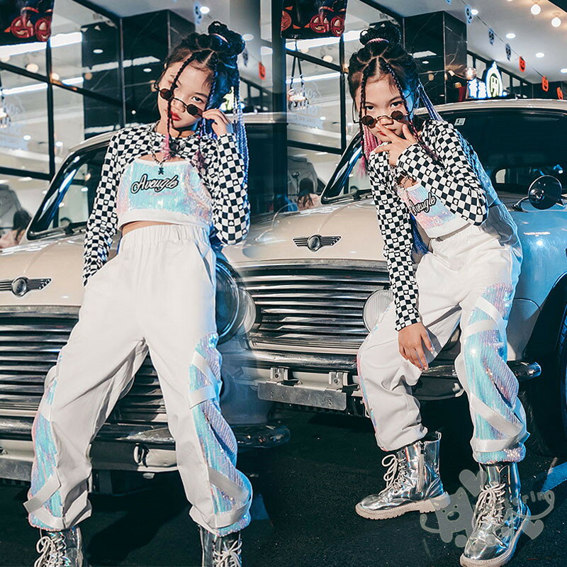 キッズ ダンス衣装 セットアップ 長袖 トップス キラキラ 切り替え ベスト へそ出し ロングパンツ 女の子 舞台服 演出服 K-POP ステージ衣装 練習着 体操服 応援団120-160cm 送料無料